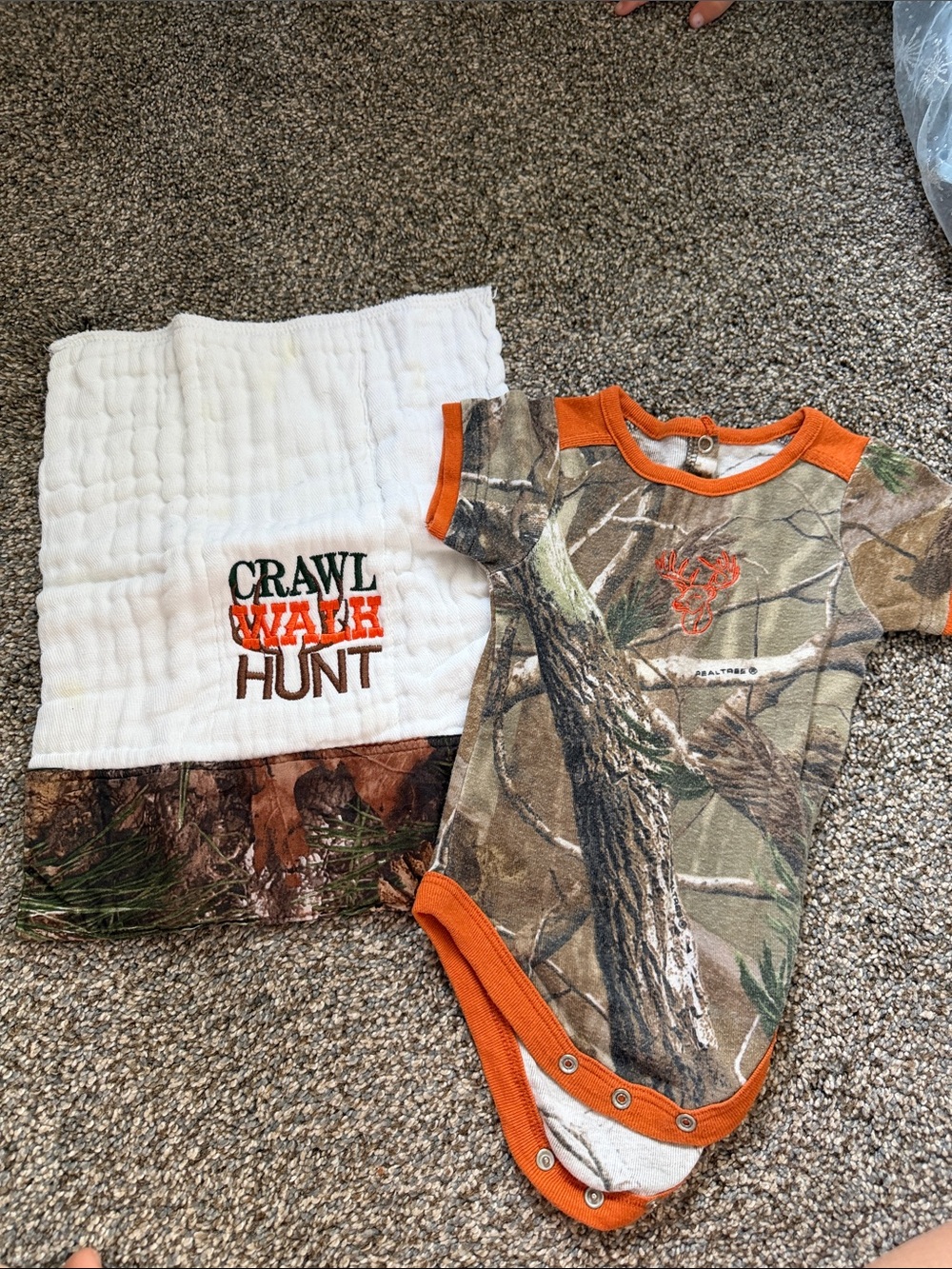 Realtree Camo Onesie with Bright Orange Trim & Matching Burp Cloth